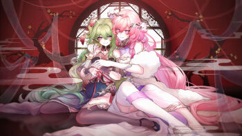2girls absurdres bare_shoulders black_thighhighs blue_dress blue_eyes blush breasts china_dress chinese_clothes chinese_new_year cleavage closed_mouth commentary_request dress earrings elf elysia_(honkai_impact) green_eyes green_hair hair_between_eyes hair_ornament hair_spread_out highres honkai_(series) honkai_impact_3rd hug hulai_de_gou_sheng jewelry large_breasts long_hair looking_at_viewer mobius_(honkai_impact) multiple_girls new_year pink_hair pointy_ears purple_dress purple_eyes slit_pupils smile thighhighs very_long_hair wavy_hair white_thighhighs