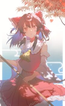 1girl absurdres ascot autumn_leaves bow brown_eyes brown_hair chinese_commentary commentary_request detached_sleeves diandianmaopu frilled_bow frilled_hair_tubes frilled_skirt frills hair_bow hair_tubes hakurei_reimu highres holding leaf long_hair looking_at_viewer pleated_skirt red_bow red_skirt ribbon-trimmed_sleeves ribbon_trim skirt skirt_set solo touhou yellow_ascot