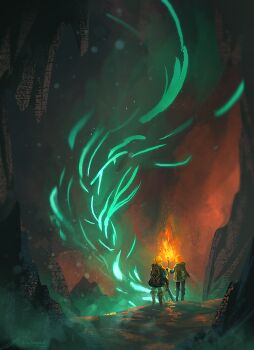 1boy 1girl backpack bag black_coat boots burning cave cave_interior coat fire from_behind full_body glowing holding holding_torch jacket jacket_on_shoulders link nintendo princess_zelda scenery standing the_legend_of_zelda the_legend_of_zelda:_breath_of_the_wild torch zandra