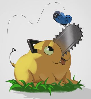 Rule 34 | 1other, :3, absurdres, bad id, bad twitter id, bug, butterfly, chainsaw, chainsaw man, fangs, grass, highres, insect, lem, looking at another, looking up, on ground, open mouth, pochita (chainsaw man), pull cord, simple background, solo focus, white background