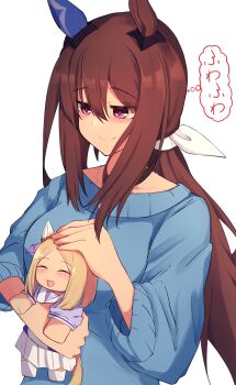 1girl admire_vega_(casual)_(umamusume) admire_vega_(umamusume) animal_ears blue_sweater blush brown_hair character_doll closed_mouth commentary_request doll double-parted_bangs ear_covers hair_between_eyes hair_ribbon highres holding holding_doll horse_ears hugging_doll hugging_object jewelry long_hair long_sleeves looking_at_doll looking_down low_ponytail mountain_yasan narita_top_road_(umamusume) necklace ponytail red_eyes ribbon silver_necklace simple_background single_ear_cover sleeve_rolled_up smile solo sweater umamusume white_background white_ribbon