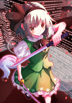 1girl absurdres black_bow black_bowtie black_hairband blush bow bowtie building closed_mouth commentary_request frilled_skirt frills from_above ghost ghost_print green_skirt green_vest grey_hair hairband highres holding holding_sword holding_weapon konpaku_youmu konpaku_youmu_(ghost) looking_at_viewer multiple_swords outdoors red_eyes rikiriki200 short_hair short_sleeves skirt skyscraper smile solo sword touhou vest weapon