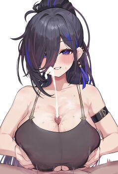 1boy 1girl absurdres arm_belt ayase_yuu ayase_yuu_(2nd_costume) black_hair black_sports_bra blue_eyes blue_hair blush breasts breasts_squeezed_together censored cleavage clothing_cutout commission commissioner_upload cum ear_piercing earrings ejaculation highres huge_breasts jewelry long_hair mosaic_censoring motion_lines multicolored_hair paizuri paizuri_under_clothes penis phase_connect piercing ponytail pov single_earring skeb_commission smile sports_bra sweat tassel tassel_earrings totorosu underboob_cutout virtual_youtuber white_background