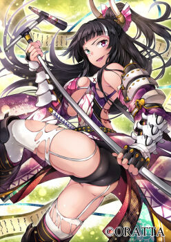 1girl aqua_eyes armor ass backless_outfit black_gloves black_hair blunt_bangs breasts bridal_gauntlets commentary_request decchi_oyabun fingerless_gloves from_side gloves heterochromia japanese_armor kote large_breasts long_hair microphone_stand momohime_ryouran!_sengoku_asuka murasaki_shikibu_(sengoku_asuka) purple_eyes revision scroll shoulder_armor smile sode solo thighhighs torn_clothes torn_thighhighs very_long_hair white_thighhighs