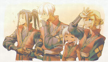 &gt;_&lt; 2boys 2girls black_hair blonde_hair blue_eyes castti_florenz commentary cosplay dark-skinned_female dark_skin english_commentary english_text fangs high_ponytail highres hikari_ku hikari_ku_(cosplay) hot hungry korina_(mrpuripurin) looking_ahead matching_outfits multiple_boys multiple_girls ochette_(octopath_traveler) octopath_traveler octopath_traveler_ii open_mouth ponytail sheath sheathed short_hair sparkle standing sweat sword temenos_mistral weapon white_hair