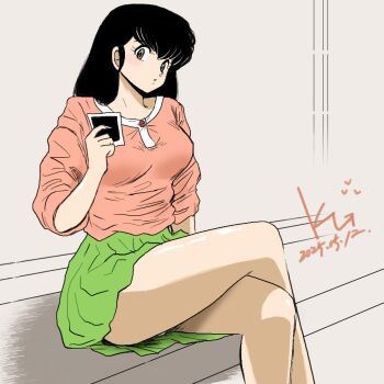 1girl black_hair breasts crossed_legs green_skirt holding holding_photo jian_yin long_hair looking_at_viewer maison_ikkoku miniskirt on_ground otonashi_kyouko panties photo_(object) pink_shirt shirt sitting skirt sleeves_rolled_up solo underwear upskirt white_panties
