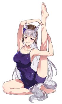 1girl animal_ears artist_request bare_legs barefoot blush bow breasts brown_hat collarbone dot_nose feet female_focus full_body gold_ship_(umamusume) grey_hair grey_tail grin hat highres horse_ears horse_girl horse_tail large_breasts leg_lift leg_up legs long_hair navel no_bra one-piece_swimsuit pink_eyes purple_bow purple_ribbon ribbon sexually_suggestive simple_background sitting sleeveless smile solo solo_focus stretching swimsuit tail teeth thighs toes tracen_swimsuit umamusume white_background