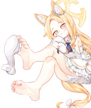 1girl animal_ear_fluff animal_ears bare_legs barefoot blonde_hair blue_archive chaosexceed closed_mouth collared_dress commentary detached_sleeves dress english_commentary extra_ears feet forehead fox_ears fox_girl frilled_dress frills halo highres legs loli long_hair long_sleeves looking_at_viewer mixed-language_commentary multicolored_eyes parted_bangs red_eyes seia_(blue_archive) shoes short_dress sideless_dress simple_background sleeves_past_fingers sleeves_past_wrists soles toe_scrunch toes two-tone_eyes unworn_shoes white_background white_dress white_footwear yellow_eyes yellow_halo