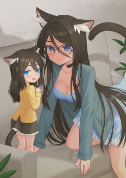 2girls absurdres aina_(mao_lian) animal_ear_fluff animal_ears black_choker black_skirt blue_dress blue_eyes blue_jacket breasts brown_hair brown_tail cat_ears cat_girl cat_tail child choker cleavage coat couch dress glasses hair_between_eyes highres indoors jacket light_frown long_hair mao_lian_(nekokao) medium_breasts mother_and_daughter multiple_girls on_one_knee open_mouth original overcoat shirt skirt standing sweatdrop tail very_long_hair yellow_shirt