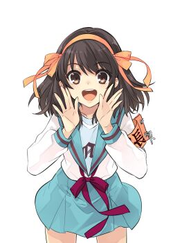 Rule 34 | 1girl, :d, absurdres, armband, blue sailor collar, blue skirt, brown eyes, brown hair, commentary request, hair ribbon, hairband, highres, ito noizi, kita high school uniform, long sleeves, looking at viewer, medium hair, official art, open mouth, orange armband, orange hairband, orange ribbon, red ribbon, ribbon, sailor collar, school uniform, second-party source, serafuku, simple background, skirt, smile, solo, standing, suzumiya haruhi, suzumiya haruhi no yuuutsu, teeth, thighs, tongue, upper teeth only, white background, winter uniform