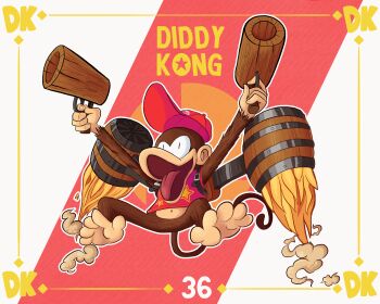 1boy absurdres artist_request barrel cartoonized character_name diddy_kong donkey_kong_(series) fire flying full_body gun hat highres monkey nintendo numbered open_mouth rocket_barrel smile super_smash_bros. tail tongue tongue_out toon_(style) weapon