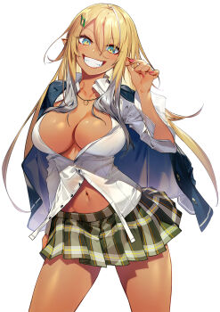 1girl amesuku_gyaru blonde_hair breasts colored_tips cover cover_page dark-skinned_female dark_elf dark_elf_no_mori_to_nare dark_skin elf eyeliner fangs green_eyes grey_hair grin gyaru hair_between_eyes hair_ornament hairpin hand_on_own_ear hand_on_own_hip highres jacket jacket_on_shoulders jewelry kodama_(wa-ka-me) kogal long_hair makeup medium_breasts miniskirt multicolored_eyes multicolored_hair navel necklace no_bra novel_cover official_art partially_unbuttoned pleated_skirt pointy_ears red_eyeliner red_nails second-party_source sheena_grave_zainmery shirt simple_background skirt slit_pupils smile solo streaked_hair two-tone_eyes two-tone_hair white_background white_shirt yellow_eyes