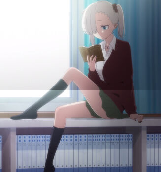 1girl black_socks blue_eyes book chanto_suenai_kyuuketsuki-chan closed_mouth day green_skirt hair_over_one_eye highres holding holding_book indoors ishikawa_luna jewelry legs long_hair long_sleeves nail_polish necklace no_shoes pointy_ears reading school_uniform shirt sitting skirt socks solo stitched thighhighs third-party_edit white_hair white_shirt window