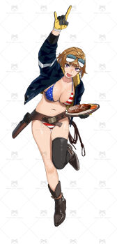 Rule 34 | 1girl, \n/, american flag, american flag bikini, american flag print, belt, bikini, black jacket, boots, breasts, brown hair, commentary request, cowboy boots, eyewear on head, flag print, flag print bikini, food, girls' frontline, gloves, grizzly mkv (girls' frontline), gun, highres, holding, holding plate, holster, holstered, jacket, large breasts, looking at viewer, ojipon, open clothes, open jacket, open mouth, pink eyes, plate, print bikini, short hair, simple background, single thighhigh, solo, steak, sunglasses, swimsuit, thighhighs, watermark, weapon, white background