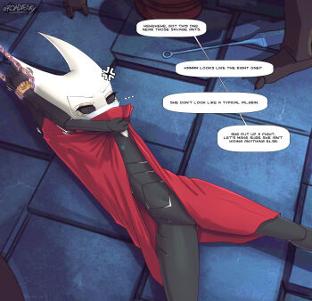 1girl 2boys absurdres arms_up arthropod_girl black_sclera black_skin chained_wrists cloak colored_sclera colored_skin english_text flat_chest highres hollow_knight hollow_knight:_silksong horned_mask hornet_(hollow_knight) mask multiple_boys navel needle_(hollow_knight) nipples pussy red_cloak roadiesky solo_focus speech_bubble white_mask