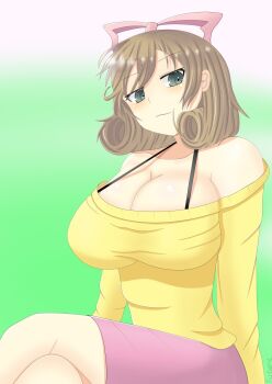 1girl bare_shoulders blush breasts brown_hair cleavage crossed_legs green_background green_eyes hair_ribbon haruka_(senran_kagura) kutooru_123 large_breasts looking_to_the_side medium_hair ribbon senran_kagura skirt sweater_vest