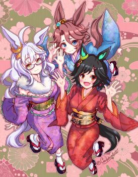 3girls absurdres ahoge animal_ears biwa_hayahide_(umamusume) black_hair blue_eyes blue_kimono blush bnw_(umamusume) breasts brown_hair carbohydrate_(asta4282) closed_mouth commentary_request ear_ornament fang floral_print floral_print_kimono flower glasses grey_hair hair_between_eyes hair_ornament hairclip highres horse_ears horse_girl horse_tail japanese_clothes kimono long_hair long_sleeves medium_breasts multiple_girls narita_taishin_(umamusume) open_mouth print_kimono purple_kimono red-framed_eyewear red_kimonp sandals semi-rimless_eyewear short_hair skin_fang smile socks swept_bangs tail textless_version umamusume under-rim_eyewear white_socks winning_ticket_(umamusume) yellow_eyes
