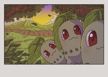 :3 chikorita closed_mouth cloud commentary gen_2_pokemon highres leaf looking_at_viewer nintendo no_humans onamuzi_illust outdoors pokemon pokemon_(creature) pokemon_focus red_eyes sky smile tree