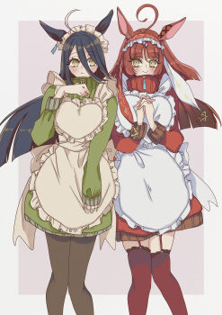 2girls absurdres ahoge animal_ears apron black_hair black_pantyhose black_thighhighs blunt_bangs blunt_ends blush closed_mouth ear_ornament ear_tag earrings frilled_apron frilled_hairband frills garter_straps green_jacket hairband hand_on_own_chest highres horse_ears horse_girl jacket jersey_maid jewelry long_hair long_sleeves looking_at_another maid maid_headdress manhattan_cafe_(umamusume) multicolored_hair multiple_girls own_hands_clasped own_hands_together pantyhose red_desire_(umamusume) red_hair red_hairband red_jacket rinren_(chun8chun8chun) single_earring sleeves_past_wrists smile thighhighs track_jacket umamusume unconventional_maid very_long_hair white_apron white_hair yellow_eyes zipper