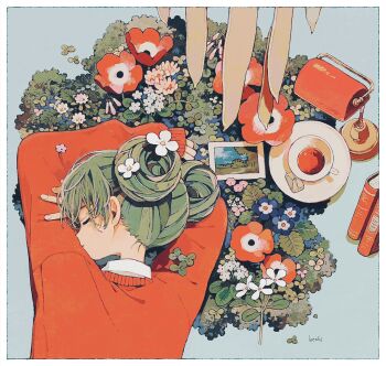 1girl book border closed_eyes cup desk_lamp double_bun flower green_hair hair_bun highres ka_(996beshi) lamp long_sleeves lying on_stomach original plant red_flower red_sweater signature sleeves_past_wrists solo sweater teacup white_border white_flower