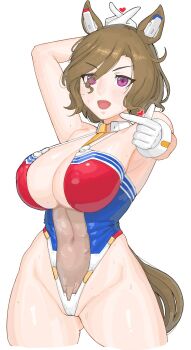 1girl alternate_costume animal_ears armpits bare_shoulders breasts brown_hair cleavage commentary_request covered_navel cowboy_shot detached_collar finger_heart gloves groin hair_between_eyes highleg highleg_leotard highres horse_ears horse_girl horse_tail large_breasts leotard multicolored_hair navel purple_eyes red_leotard short_hair simple_background solo streaked_hair sweat tail tap_dance_city_(umamusume) umamusume white_background white_gloves zenchou24cm