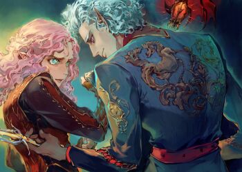 Rule 34 | 1boy, 1girl, absurdres, alternate costume, aqua eyes, astarion, baldur's gate, baldur's gate 3, clothes grab, curly hair, dagger, dungeons & dragons, dungeons &amp; dragons, eye contact, highres, holding, holding dagger, holding knife, holding staff, holding weapon, knife, kuzen, long hair, looking at another, pink hair, red eyes, short hair, staff, tav (baldur's gate), upper body, weapon, white hair