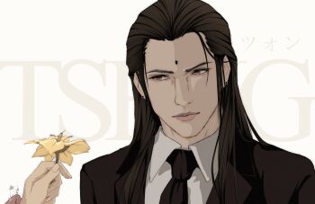 1boy absurdres aerith_gainsborough bangle bindi black_hair black_jacket black_necktie bracelet brown_eyes character_name closed_mouth collared_shirt final_fantasy final_fantasy_vii final_fantasy_vii_remake flower highres holding holding_flower jacket jewelry long_hair looking_at_another male_focus necktie shanlieart shirt signature suit_jacket tseng white_shirt yellow_flower