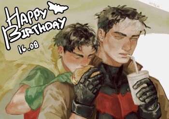 absurdres bat_signal batman_(series) batman_symbol black_bodysuit black_gloves black_hair blue_eyes bodysuit brown_jacket cape dc_comics gloves green_gloves grey_bodysuit highres holding jacket jason_todd male_focus multicolored_bodysuit multicolored_hair multiple_boys muscular muscular_male open_clothes red_hood_(dc) red_hood_and_the_outlaws short_hair superhero_costume two-tone_bodysuit wltstation yellow_cape