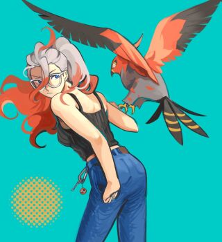 Rule 34 | 1girl, alternate costume, aqua background, bare shoulders, bird, black feathers, black tank top, blonde hair, blue eyes, denim, feathers, gen 6 pokemon, grey feathers, griselle (pokemon), highres, jeans, looking at viewer, looking back, multicolored hair, nintendo, pants, pokemon, pokemon (creature), pokemon legends: z-a, ponytail, popotocurry, red feathers, red hair, simple background, standing, talonflame, talons, tank top, two-tone hair, upper body, white-framed eyewear