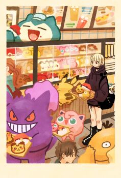1boy 2girls black_bag black_boots black_hoodie blonde_hair blunt_bangs boots border brown_hair character_request closed_eyes closed_mouth commentary crumbs diglett ditto donut eevee fangs food food_bite from_behind from_side full_body gen_1_pokemon gengar great_ball green_eyes grin hat highres holding holding_tray hood hoodie indoors jigglypuff long_sleeves looking_at_another menu multiple_girls nintendo open_mouth pikachu poke_ball pokemon pokemon_(creature) pon_de_ring ponytail psyduck red_eyes short_hair sidelocks smile snorlax standing sweets takeuchi_ryousuke teeth tray ultra_ball