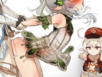 3girls bent_over blonde_hair closed_mouth clothed_sex commentary dress eating english_commentary futa_with_female futanari genshin_impact green_hair grey_hair hat highres holding_another&#039;s_wrist klee_(genshin_impact) long_hair lumine_(genshin_impact) multicolored_hair multiple_girls nahida_(genshin_impact) open_mouth pointy_ears red_hat sex sex_from_behind simple_background streaked_hair tongue tongue_out torten watching white_background white_dress