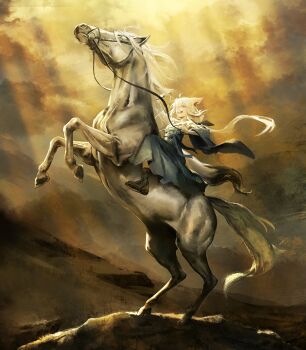 1girl absurdres ahoge alternate_costume animal_ear_fluff animal_ear_piercing animal_ears aqua_eyes black_boots black_tail blue_hakama blue_sash boots braid commentary crossed_bangs double-parted_bangs earrings english_commentary extra_ears fox_ears fox_girl fox_tail gradient_clothes gradient_kimono hakama highres hololive horse horseback_riding hyde_(tabakko) japanese_clothes jewelry kimono long_hair low-tied_long_hair multicolored_tail napoleon_crossing_the_alps obi pentagram riding sash shirakami_fubuki shirakami_fubuki_(new_year) side_braid sidelocks single_braid single_earring solo tail virtual_youtuber white_hair white_kimono white_tail