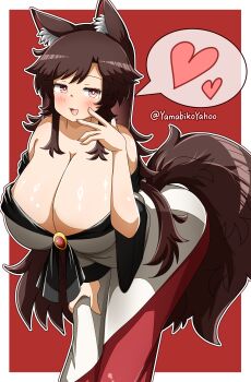 :d absurdres animal_ear_fluff animal_ears bare_shoulders bent_over blush border breasts bright_pupils brown_eyes brown_hair cleavage commentary dress hand_on_own_leg heart highres huge_breasts imaizumi_kagerou looking_at_viewer off-shoulder_dress off_shoulder open_mouth outline red_background red_dress sidelocks simple_background smile spoken_heart tail touhou twitter_username two-tone_dress untranslatable_commentary variant_set white_border white_dress white_outline white_pupils wolf_ears wolf_girl wolf_tail yamabikoyahoo