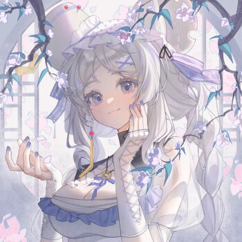 1girl black_collar black_ribbon bonnet bow bowtie braid branch breasts catching cherry_blossoms chinese_commentary cleavage closed_mouth coin collar commentary_request cross-laced_armwear detached_collar dress earrings eyelashes falling_petals fang fang_out flower fog frilled_dress frills grey_hair hair_bow hair_ornament hair_ribbon hairclip hand_on_own_cheek hand_on_own_face hat hat_flower high_collar holed_coin jewelry large_breasts lattice light_blush lips long_hair lotus nail_polish original outstretched_hand petals pink_flower pink_lips puffy_short_sleeves puffy_sleeves purple_bow purple_bowtie purple_eyes purple_flower purple_nails ribbon ribbon-trimmed_headwear ribbon_trim see-through_clothes see-through_sleeves short_sleeves single_earring smile solo striped_bow tassel tassel_earrings twin_braids upper_body utaki_(weibo_5352293731) very_long_hair white_arm_warmers white_bonnet white_dress white_sleeves x_hair_ornament
