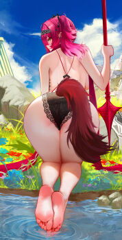 1girl absurdres ass back bao_(pixiv_99415611) barefoot black_bow black_panties blue_sky blush bow breasts commentary day earrings feet from_behind grass hair_bow hairband highres holding holding_polearm holding_weapon jewelry large_breasts looking_at_viewer looking_back lupa_(wuthering_waves) median_furrow metal_hairband outdoors panties pink_hair polearm shoulder_blades sky soles solo tacet_mark_(wuthering_waves) tail toes topless_female underwear variant_set weapon wolf_tail wuthering_waves yellow_eyes
