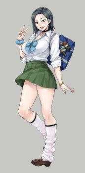 1girl black_hair breasts forehead green_skirt grey_background grey_eyes gundam gundam_gquuuuuux highres komori_harcourt looking_at_viewer loose_socks mixtakuro mole mole_under_eye open_mouth parted_bangs rolled_up_sleeves school_uniform shirt short_hair simple_background skirt socks v