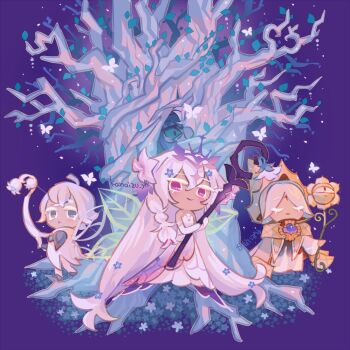 Rule 34 | 1girl, 2boys, absurdly long hair, alt text, artist name, bare shoulders, blonde hair, blue flower, bow (weapon), braid, bug, butterfly, capelet, closed eyes, closed mouth, commentary, cookie run, cookie run: kingdom, double-parted bangs, dress, fairy wings, flower, food-themed hat, full body, gloves, green wings, grey eyes, grey hair, grey wings, hair between eyes, hair flower, hair ornament, hat, holding, holding bow (weapon), holding staff, holding weapon, insect, kanaizu yh, long hair, long sleeves, looking at viewer, multiple boys, official alternate costume, official alternate hairstyle, parted lips, pink eyes, pure vanilla cookie, purple background, robe, short hair, side braid, silverbell cookie, simple background, single braid, smile, staff, standing, strapless, strapless dress, three-quarter sleeves, tiara, tree, u u, very long hair, weapon, white butterfly, white dress, white flower, white gloves, white lily, white lily cookie, white lily cookie (moonflower faerie), white robe, wide sleeves, wings, wizard hat, yellow capelet, yellow hat