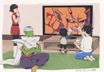 2boys 2girls antennae arm_up black_hair black_pants black_pantyhose black_socks bleeding blood blue_pants blunt_bangs blunt_ends boots border bracelet brown_footwear cape child clenched_teeth closed_mouth colored_skin commentary_request crossed_arms dougi dragon_ball dragon_ball_super dragon_ball_super_super_hero dress eyelashes facing_away flat_screen_tv flying_sweatdrops from_behind glasses green_skin grey_eyes grey_footwear grey_shirt hairband hands_up highres holding_tissue indoors injury j_ooey jewelry long_sleeves looking_to_the_side multiple_boys multiple_girls namekian on_floor open_mouth orange_piccolo orange_skin outside_border pan_(dragon_ball) pants pantyhose piccolo pointy_ears purple_pants red_dress red_eyes red_footwear red_hairband red_sash sandals sash seiza shirt shoes short_hair short_sleeves shoulder_pads sitting sleeveless sleeveless_dress slice_of_life socks son_gohan spiked_hair standing sweat sweatdrop t-shirt table teeth television tissue tissue_box translation_request turban v-shaped_eyebrows videl white_border white_cape white_footwear white_shirt wince