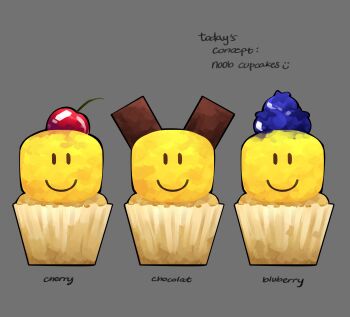 absurdres blueberry character-themed_food cherry chocolate cupcake english_text food food_focus fruit highres himochuu no_humans noob_(roblox) roblox smile