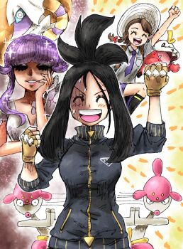 Rule 34 | 3girls, black hair, brown hair, clenched hands, closed eyes, dendra (pokemon), espathra, fingerless gloves, fuecoco, gen 3 pokemon, gloves, highres, jacket, juliana (pokemon), kicdon, medicham, multiple girls, nintendo, pokemon, pokemon (creature), pokemon sv, purple hair, scar, scar on face, school uniform, shaded face, sparkle, track jacket, tulip (pokemon), uva academy school uniform