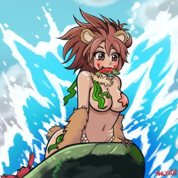 1girl ahlyx08 ass bear_girl bear_tail bearverly breasts brown_eyes brown_hair claws crab crush_crush dark-skinned_female dark_skin facepaint fish_in_mouth fur_collar highres large_breasts navel rock seaweed starfish tail the_little_mermaid_(disney) waves