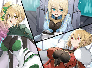 Rule 34 | 3girls, angelica rapha redgrave, averting eyes, blonde hair, blue eyes, blush, bob cut, bodysuit, braid, breasts, bun with braided base, cape, capelet, cleavage, cleavage cutout, clothing cutout, fur-trimmed cape, fur trim, gradient hair, hair bun, jacket, large breasts, luse maonang, multicolored hair, multiple girls, noelle zel lespinasse, novel illustration, official art, olivia (mobseka), open clothes, open jacket, open mouth, otome game sekai wa mob ni kibishii sekai desu, paneled background, pink hair, raised inner eyebrows, red eyes, second-party source, see-through clothes, side ponytail, sitting, smile, yellow eyes