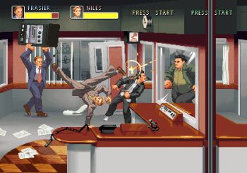 4boys brothers brown_footwear business_suit capoeira commentary english_commentary fake_screenshot final_fight formal_clothes frasier frasier_crane improvised_weapon in_the_face kicking male_focus michael_moon multiple_boys necktie niles_crane office parody pixel_art short_hair siblings simon_moon suit tom_waterhouse upside-down video_game