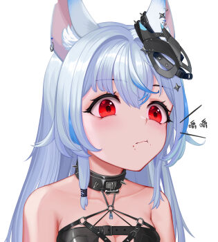 Rule 34 | 1girl, :t, absurdres, animal ear fluff, animal ears, blue hair, breasts, cleavage, cleavage cutout, closed mouth, clothing cutout, collarbone, commentary request, copyright request, eating, food in mouth, grey hair, highres, long hair, medium breasts, multicolored hair, red eyes, simple background, solo, streaked hair, swab (user wdyu3585), translation request, upper body, virtual youtuber, white background