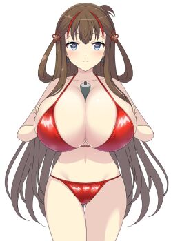 1girl bikini blue_eyes breasts brown_hair cleavage earrings flower-shaped_pupils hair_ornament hair_rings hands_on_own_chest huge_breasts jewelry looking_at_viewer navel object_between_breasts poruporu red_bikini scroll senran_kagura smile swimsuit symbol-shaped_pupils toki_(senran_kagura)
