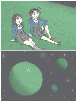 <|>_<|> 2girls animification black_hair blue_jacket brown_hair brown_shoes collared_shirt commentary_request dress grey_dress grey_socks hair_bun highres jacket knee_up love_live! love_live!_superstar!! multiple_girls necosaghi o_o on_ground ookuma_wakana open_clothes open_collar open_jacket planet pleated_dress real_life red_streaks school_uniform shirt shoes short_dress single_side_bun sitting socks voice_actor white_shirt winter_uniform yabushima_akane yuigaoka_school_uniform