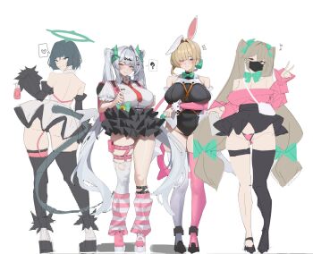 4girls ? alexandrina_sebastiane alternate_hairstyle animal_ear_hairband animal_ears arm_under_breasts ass back backpack bag bare_shoulders belt black_hair black_leotard black_mask black_skirt black_sleeves blonde_hair blush bow breasts cameltoe chinatsu_remiel chinatsu_remiel_(cosplay) closed_mouth cosplay detached_sleeves evelyn_chevalier fake_animal_ears flying_nimbus flying_sweatdrops from_behind fur-trimmed_sleeves fur_trim gong_dol_hong green_ribbon grey_eyes grey_hair hair_bow hair_ornament hairband hairclip heart highres jane_doe_(zenless_zone_zero) large_breasts leotard mismatched_thighhighs mouse_ears mouse_tail multiple_girls multiple_hair_bows musical_note necktie panties pink_bag pink_panties pink_shirt pink_sleeves purple_eyes rabbit_ear_hairband rabbit_ears randoseru red_eyes red_necktie ribbon rokudu_sariel rokudu_sariel_(cosplay) shirt simple_background single_thighhigh skindentation skirt smile spoken_heart spoken_question_mark tail thigh_belt thigh_strap thighhighs twintails underwear unfinished v white_background white_panties yellow_eyes yixuan_(zenless_zone_zero) yutane_johiel yutane_johiel_(cosplay) zenless_zone_zero