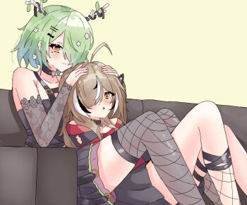 2girls :o ahoge alternate_hair_length_(shorter) antlers bare_shoulders black_bow black_choker black_hair black_ribbon black_skirt blush bow brown_hair ceres_fauna ceres_fauna_(goth) choker closed_mouth collarbone commentary couch ddrawins detached_sleeves eyelashes fishnet_thighhighs fishnets flower green_hair grey_thighhighs hair_bow hair_flower hair_ornament hair_over_one_eye hair_ribbon hairclip hands_on_another's_head heart heart_choker highres hololive hololive_english horns leaf long_hair mole mole_under_eye multicolored_hair multiple_girls nanashi_mumei nanashi_mumei_(emo) official_alternate_costume official_alternate_hairstyle on_couch open_mouth red_shirt ribbon shirt short_hair simple_background sitting sitting_between_legs skirt smile split_mouth thighhighs virtual_youtuber white_background white_flower white_hair yellow_eyes yuri