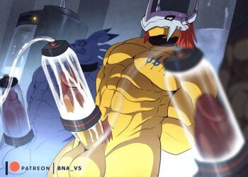3boys animated animated_gif arms_behind_back breathing colored_skin cum_milking digimon digimon_(creature) girthy_penis large_penis looping_animation multiple_boys muscular muscular_male penis penis_pump pubic_hair source_request test_subject test_tube wargreymon weregarurumon yellow_skin