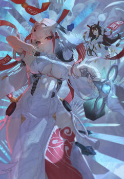 2girls absurdres alternate_form animal_ear_fluff animal_ears arm_up armlet armpits bare_shoulders black_hair bracelet breasts brown_hair china_dress chinese_clothes cleavage commentary_request dress droopy_ears from_side gradient_hair hair_between_eyes hairband highres holding holding_sword holding_weapon jewelry leg_tattoo long_hair looking_at_viewer mangsik medium_breasts metal_bracelet multicolored_hair multiple_girls open_mouth red_eyes red_hair see-through_horns silver_armlet silver_bracelet smile solo sword tail tattoo upper_body very_long_hair weapon white_hair white_hairband white_tail ye_shunguang zenless_zone_zero